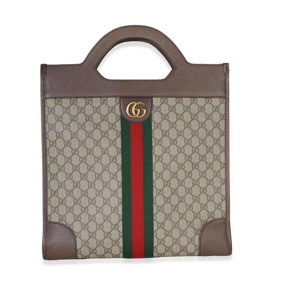 Gucci Beige GG Supreme Canvas Textured Calfskin Web Medium Ophidia Slip Handle T